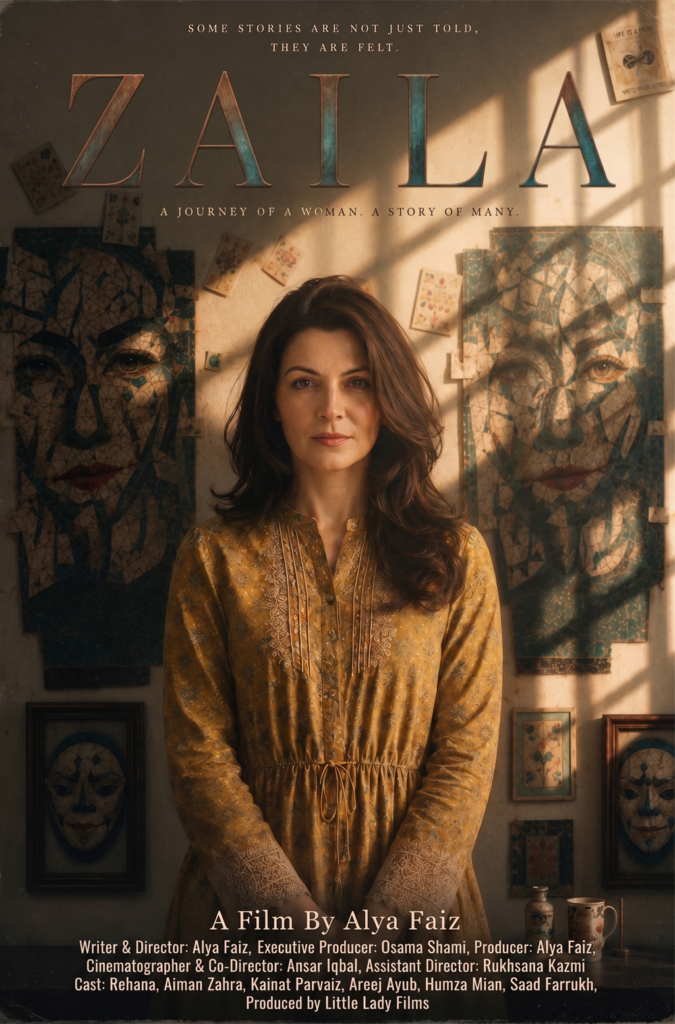 Official movie poster for the feature film Zaila. A portrait of a woman with a determined expression standing against a shadowed backdrop. The poster is of a film produced by Little Lady Films, the title Zaila, and credits directed by Alya Faiz.