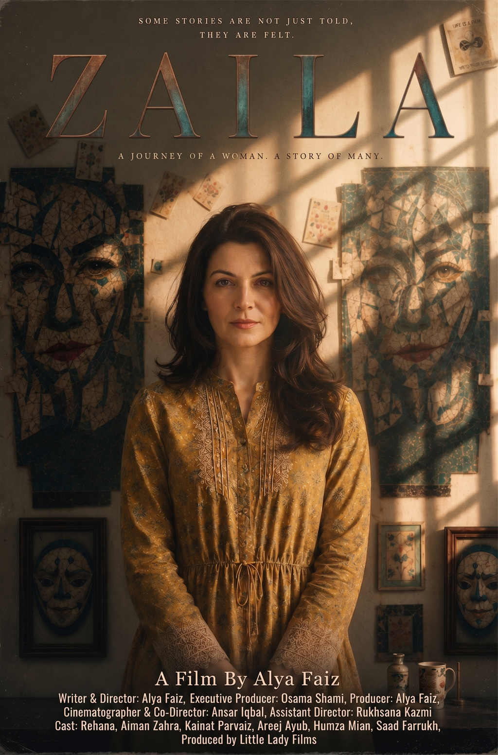 Official movie poster for the feature film Zaila. A portrait of a woman with a determined expression standing against a shadowed backdrop. The poster is of a film produced by Little Lady Films, the title Zaila, and credits directed by Alya Faiz.